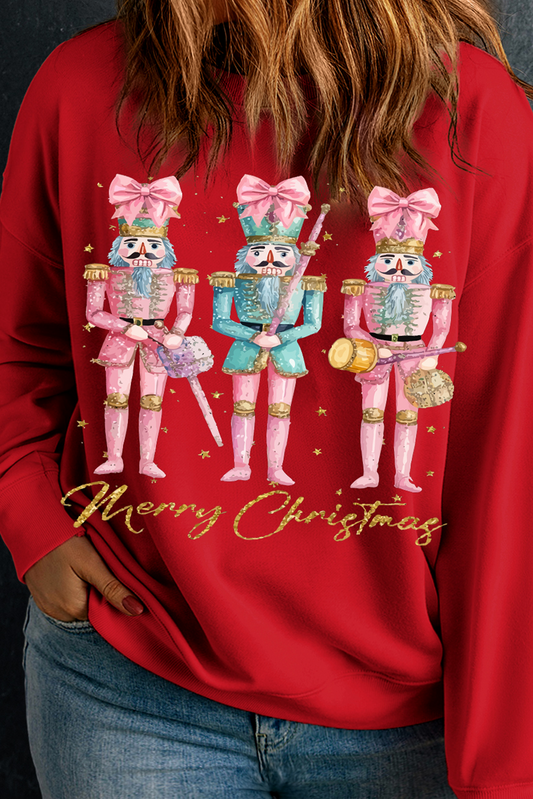 Racing Red Nutcracker Merry Christmas Printed Drop Shoulder Plus Size Sweatshirt