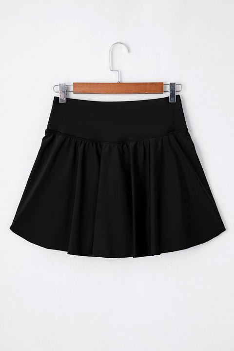 Black Solid Pocketed Crossover High Waist Swim Skort