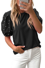 Black Ribbed Pearl Beaded Puff Sleeve Top