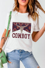 White COWBOY Western Steer Head Print Round Neck T Shirt