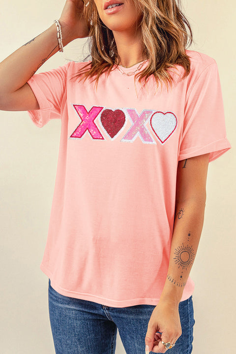 Pink Sequin Heart XOXO Patched Graphic Valentines T Shirt