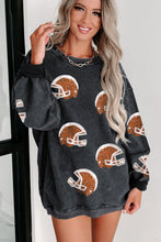 Black Sequin Rugby Helmet Patched Pattern Corded Sweatshirt