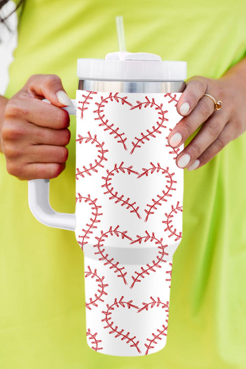 White Heart-shaped Baseball Stainless Thermos Cup with Handle