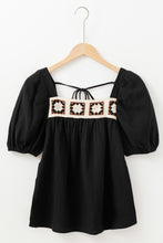 Black Flower Crochet Square Neck Textured Short Sleeve Blouse