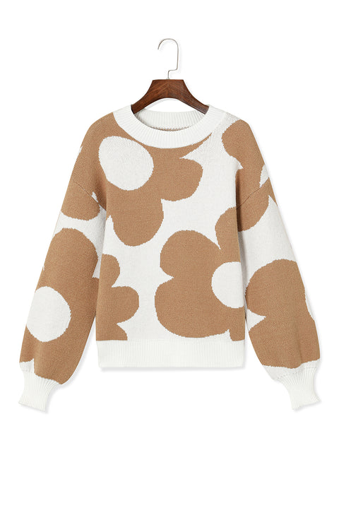 Khaki Big Flower Pattern Drop Shoulder Sweater