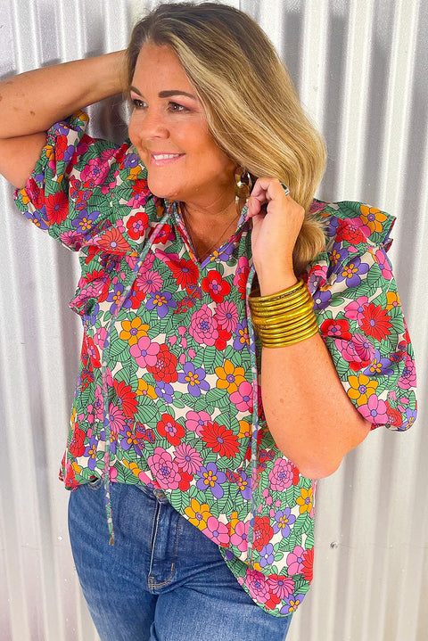 Multicolour Plus Size Floral Print Ruffle V Neck Bubble Sleeve Blouse