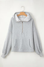 Light Grey Fleece Lined Half Zipper Kangaroo Pockets Loose Hoodie