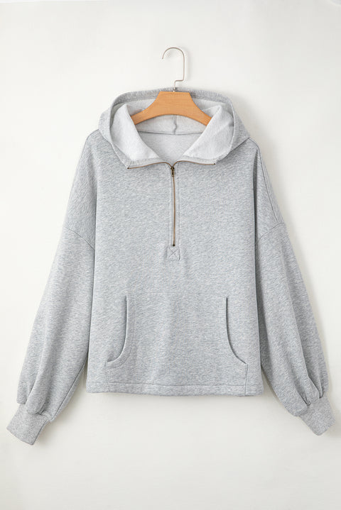 Light Grey Fleece Lined Half Zipper Kangaroo Pockets Loose Hoodie