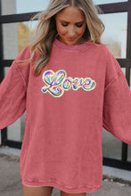 Strawberry Pink Sequin Love Graphic Drop Shoulder Corded Valentines Sweatshirt