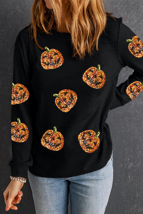 Black Halloween Sequin Pumpkin Face Pullover Long Sleeve Top