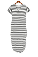 Striped Print Side Split Short Sleeve V Neck Maxi Dress