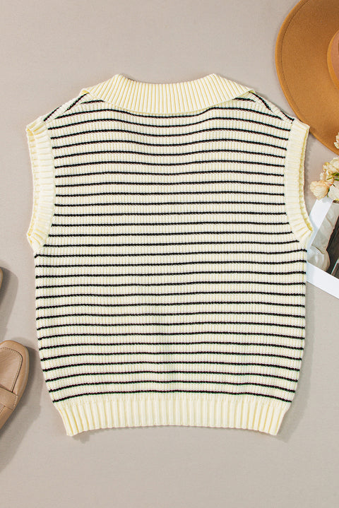 Beige Stripe Turn-down V Neck Sweater Tank Top