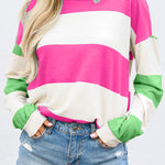 Rose Red Colorblock Striped Drop Shoulder Long Sleeve Top