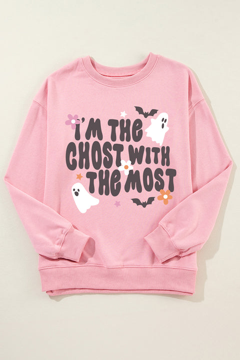 Pink Halloween Slogan Ghost Bat Graphic Drop Shoulder Sweatshirt