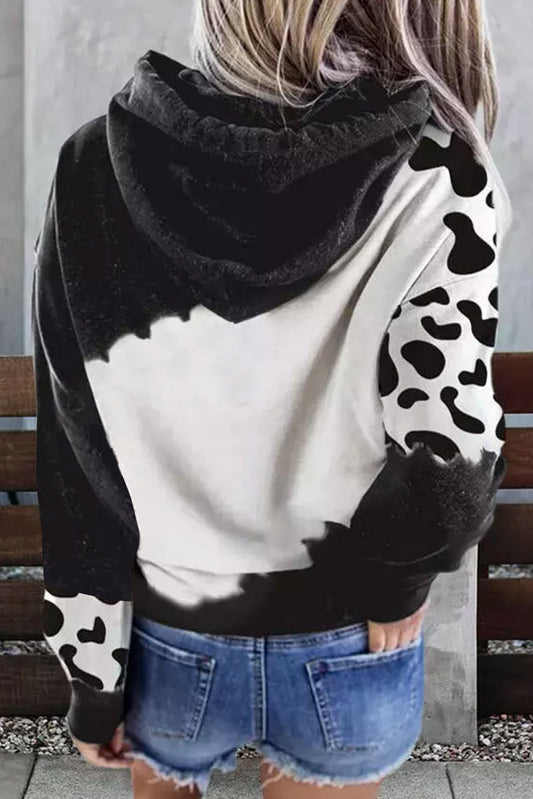 Black Cow Tie Dye Print Pocketed Drawstring Pullover Hoodie