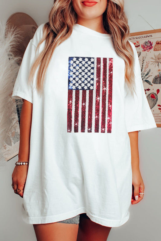 White Sequined American Flag Crewneck Oversized Tee