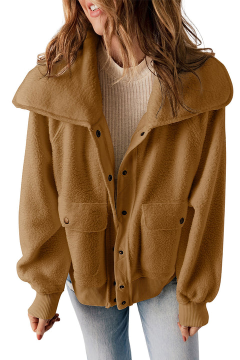 Brown Button Flap Pocket Spread Collar Fleece Jacket