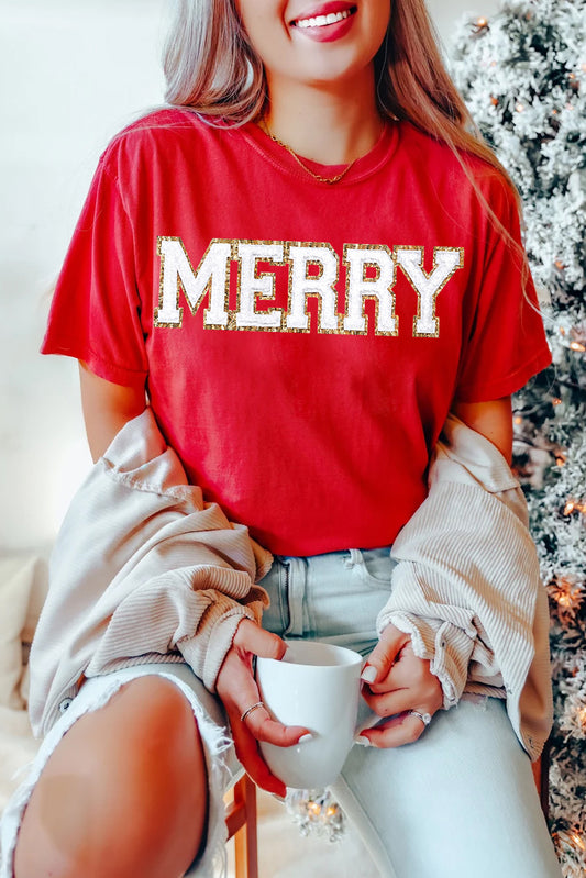 Red Christmas MERRY Graphic Cuffed Sleeve T Shirt