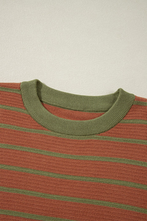 Brown Stripe Trimmed Round Neck Drop Shoulder Loose Sweater