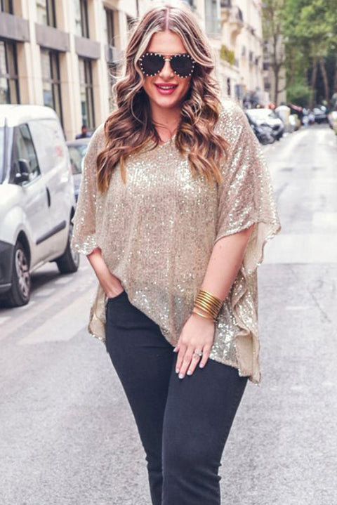 Apricot Plus Size Sequined V Neck Boxy Top