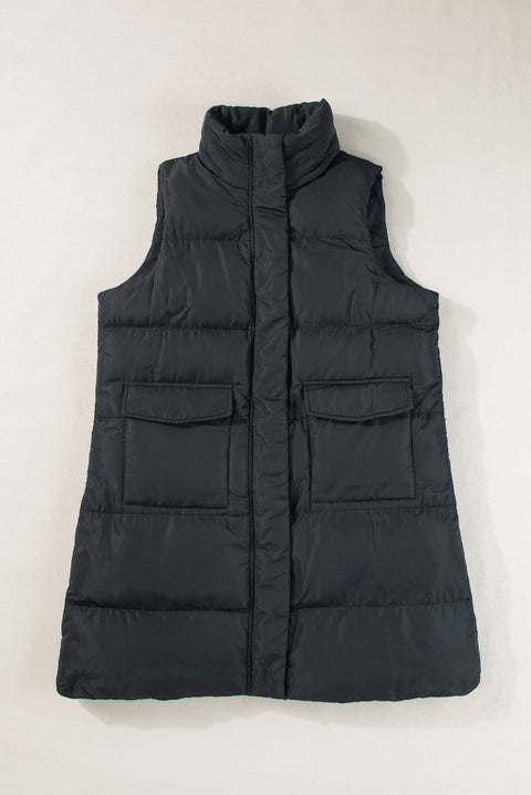 Black Windproof Longline Full Zipper Puffer Vest with Pockets