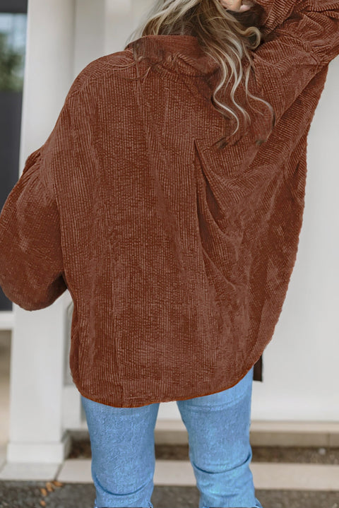 Coffee Textured Corduroy Puff Sleeve Shacket