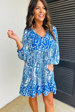 Sky Blue Bohemian Print Puff Sleeve Tied V Neck Flared Mini Dress