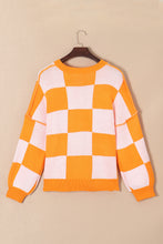 Grapefruit Orange Sequined Halloween Pumpkin Checkered Pattern Puff Sleeve Sweater