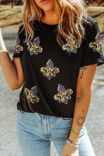 Black Maid Gras Sequin Fleur de Lis Graphic T Shirt