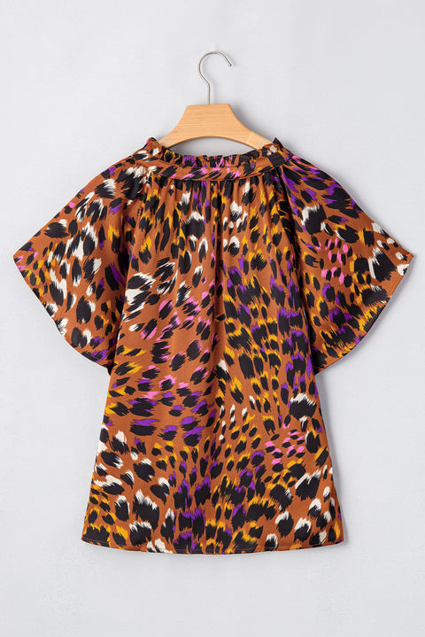 Orange Leopard Printed Draped Short Sleeve Slit V Neck Blouse