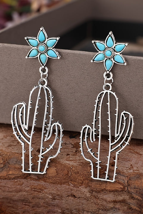 Silvery Western Turquoise Flower Cactus Dangle Earrings