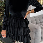 Black Velvet High Neck Tiered Ruffle Mini Dress