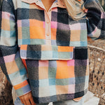 Black Plaid Print Pocketed Half Button Collared Sweatshirt