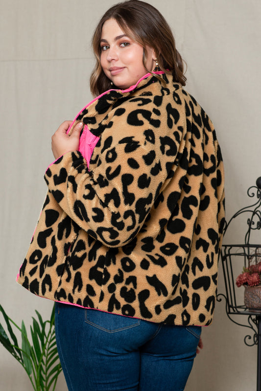 Chaqueta Sherpa con bolsillo en el pecho y bloques de color de talla grande de leopardo 