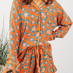 Orange Leopard Print Long Sleeve Shirt and Shorts Pajama Set