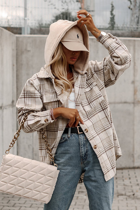 Khaki Plaid Removable Hood Buttoned Shacket