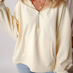 Beige Fleece Lined Half Zipper Kangaroo Pockets Loose Hoodie