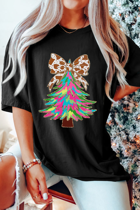 Black Heat Transfer Printing Christmas Tree Bowknot T-Shirt