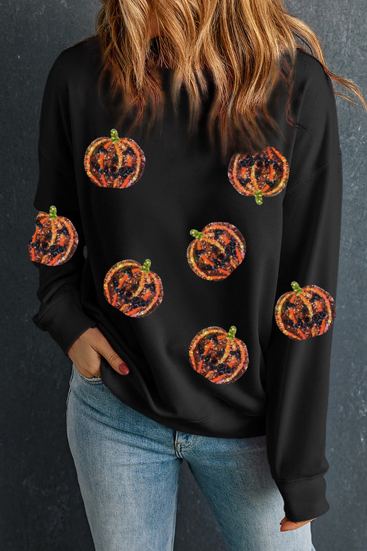 Gráfico de calabaza de Halloween con lentejuelas negras Sudadera sin capucha 