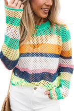 Green Colorblock Patchwork Knit Crochet Eyelet Sweater