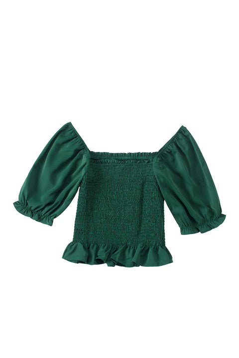 Green Smocked Puffy Sleeve Ruffled Top