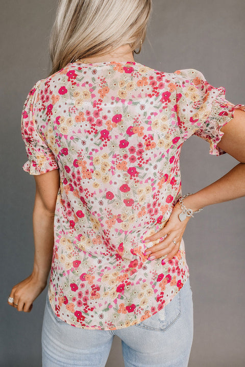 Floral Ruffle Bubble Sleeve Blouse