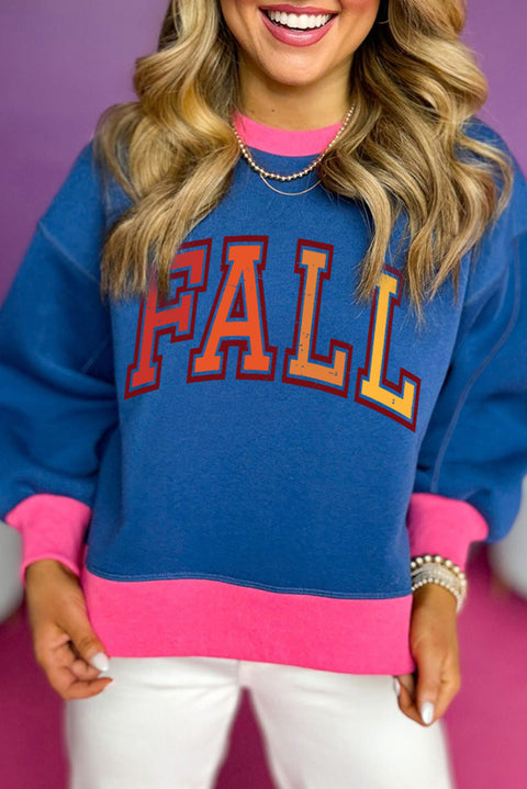 Blue FALL Graphic Color Block Bubble Sleeve Sweatshirt