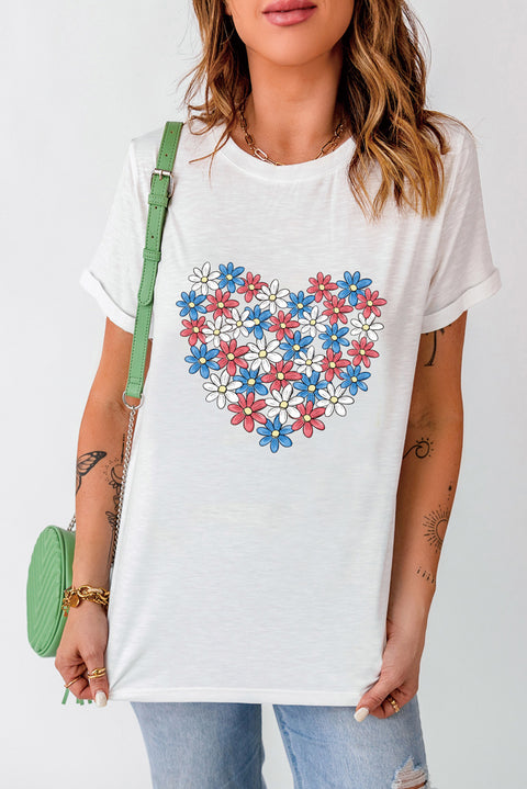 White Daisy Heart Shape Print Round Neck Casual T Shirt