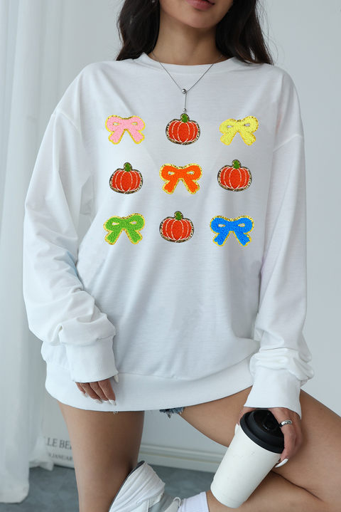 White Chenille Bowknot Pumpkin Graphic Thanksgiving Sweatshirt