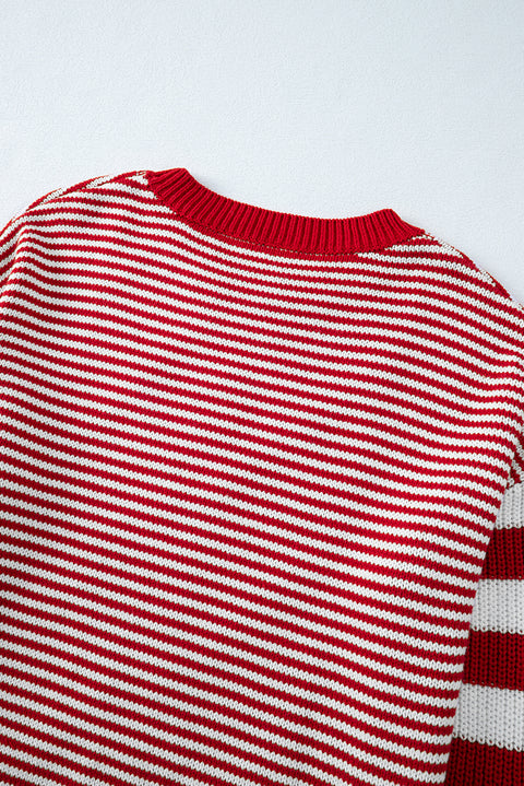 Red Stripe Geometric Textured Drop Shoulder Sweater