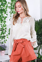 White Open Knit Buttoned Neck Split Sleeve Sweater