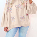 Parchment Embroidered Bow Lantern Sleeve Oversized Pullover Sweatshirt