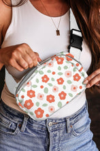 White Floral Print Buckle Wide Belt Zipper Crossbody Bag