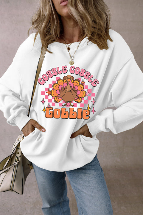 White Gobble Gobble Turkey Graphic Crewneck Thanksgiving Sweatshirt